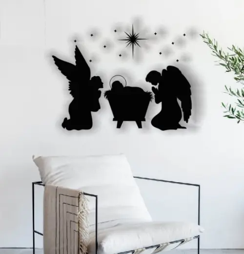 Quadro 3d Anjos com Menino Jesus , Painel decorativo