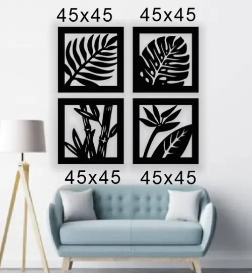 Quadro Arvore Plantas Folhas, Painel decorativo 3d 4 peças