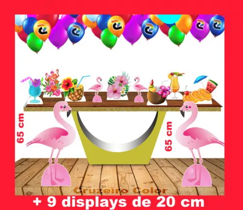 Totem Flamingo 65 cm Festa Tropical e Displays de mesa 20 cm