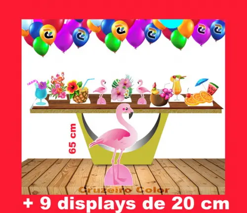 Totem Flamingo 65 cm Festa Tropical e Displays de mesa 20 cm