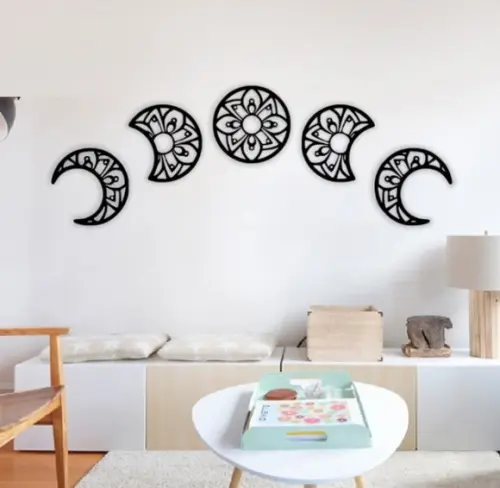 Quadro Mandala Fases da Lua mdf Vazado 5 Peças 30x30