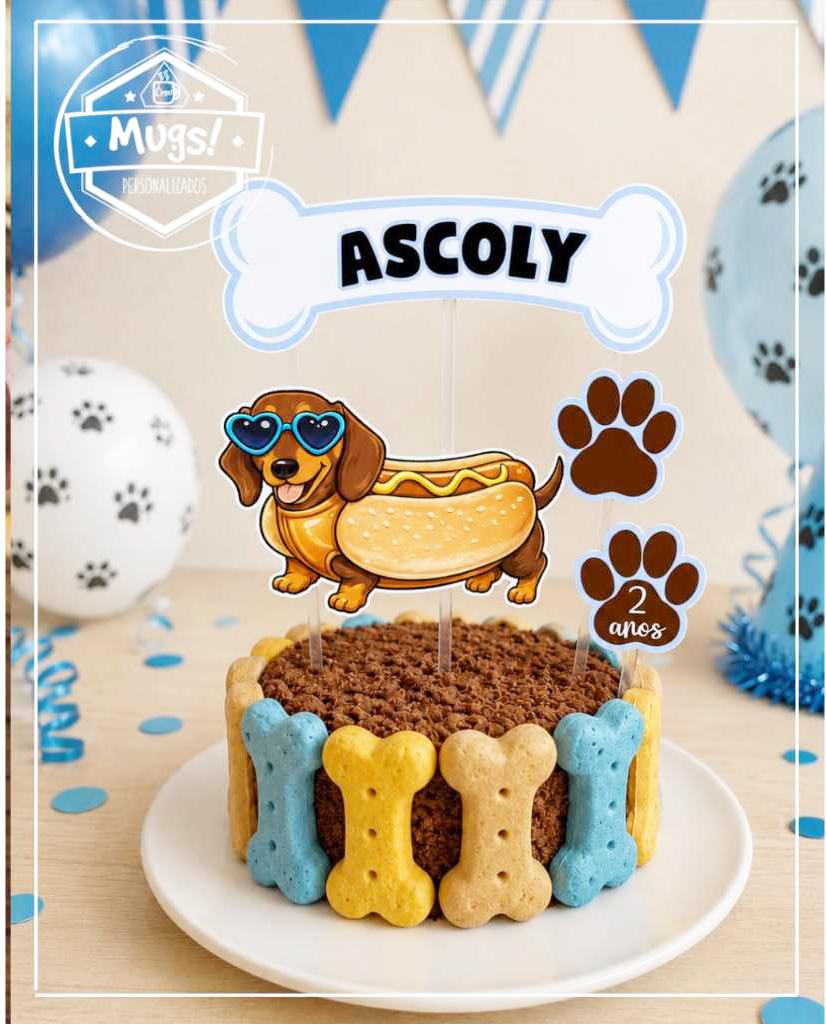 Topo de Bolo para festa Pet Cachorro Salsichinha