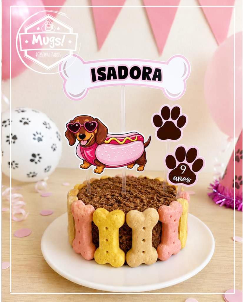Topo de Bolo para festa Pet Cachorro Salsichinha