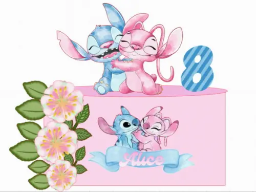 Topo de Bolo Stitch e Angel Flores