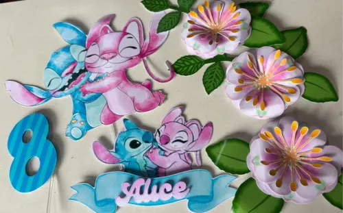 Topo de Bolo Stitch e Angel Flores