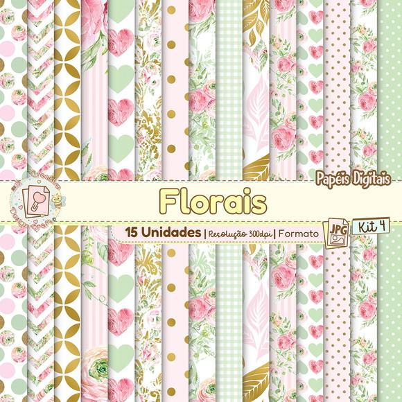 Papéis Digitais Florais Kit 4