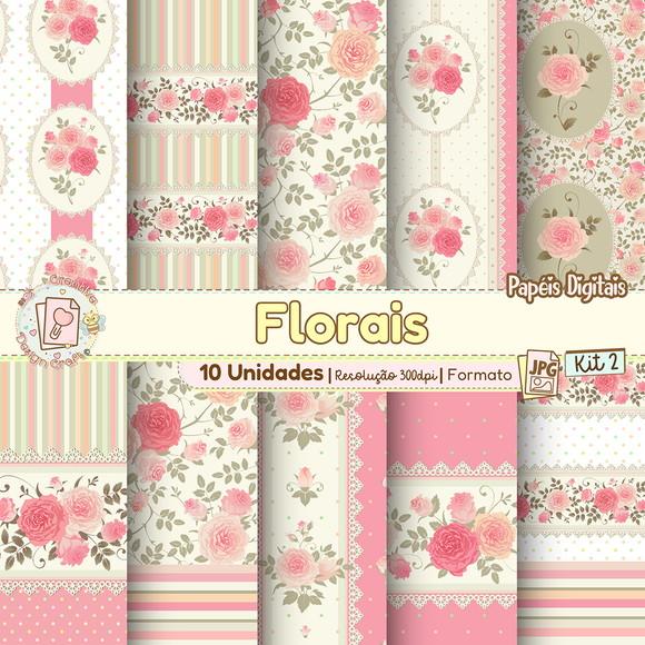 Papéis Digitais Florais Kit 2