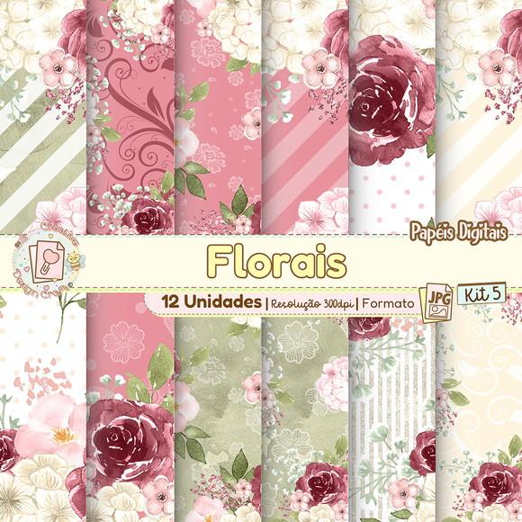 Papéis Digitais Florais Kit 5