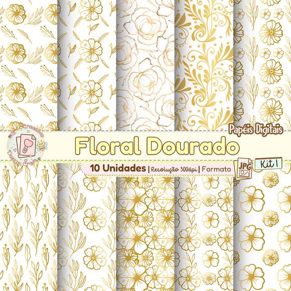 Papéis Digitais Floral Dourado Kit 1