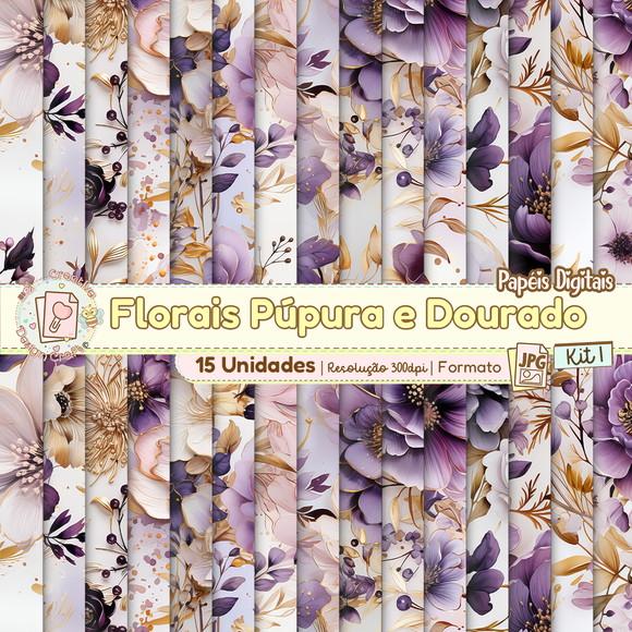 Papéis Digitais Florais Púrpura e Gold Kit 1