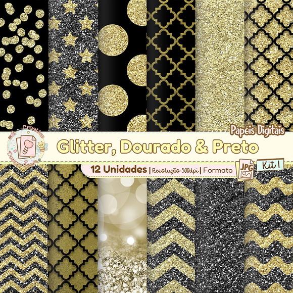 Papéis Digitais Glitter, Dourado e Preto Kit 1