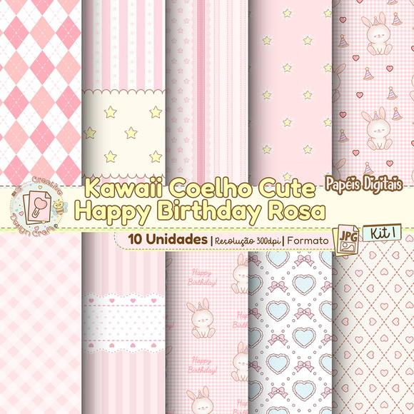 Papéis Digitais Kawaii Coelho Cute Happy Birthday Rosa Kit 1