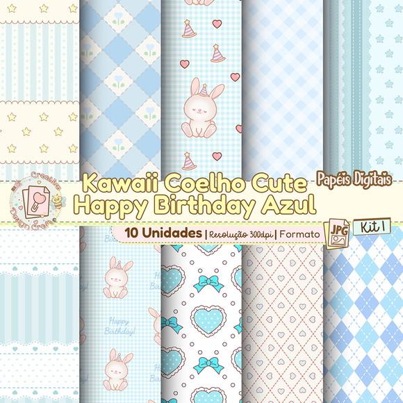 Papéis Digitais Kawaii Coelho Cute Happy Birthday Azul Kit 1
