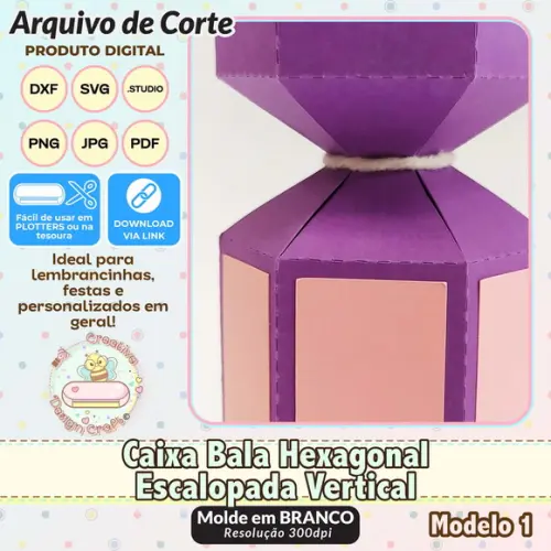Arquivo de Corte Silhouette Caixa Bala Hexagonal Escalopada