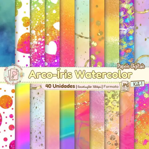 Papéis Digitais Arco-íris Watercolor Kit 1
