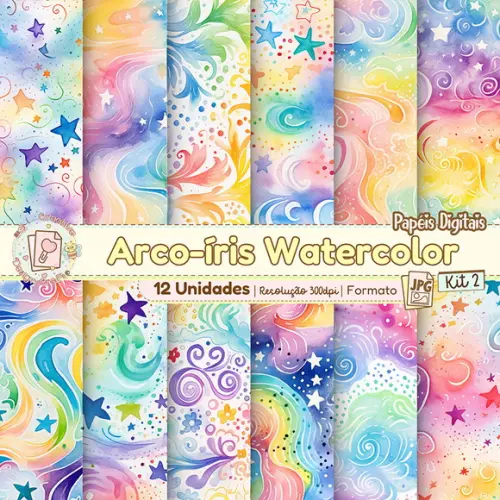 Papéis Digitais Arco-íris Watercolor Kit 2