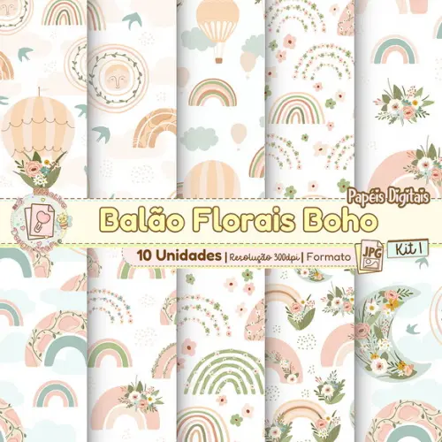 Papéis Digitais Balão e Florais Boho Kit 1