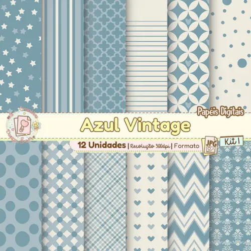 Papéis Digitais Azul Vintage Kit 1