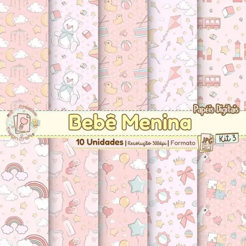 Papéis Digitais Bebê Menina Kit 3