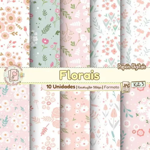 Papéis Digitais Florais Kit 3