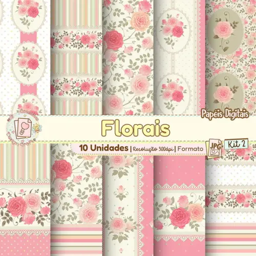 Papéis Digitais Florais Kit 2