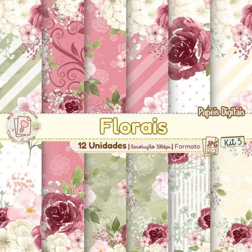 Papéis Digitais Florais Kit 5