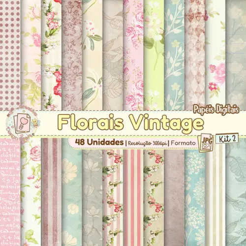 Papéis Digitais Florais Vintage Kit 2