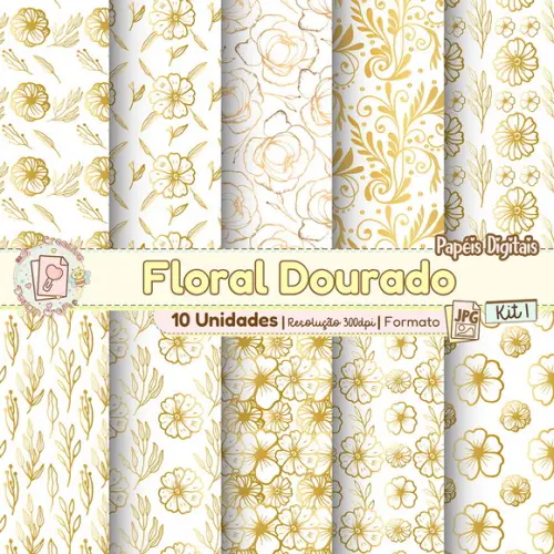 Papéis Digitais Floral Dourado Kit 1