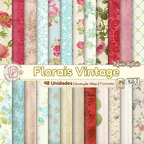 Papéis Digitais Florais Vintage Kit 2