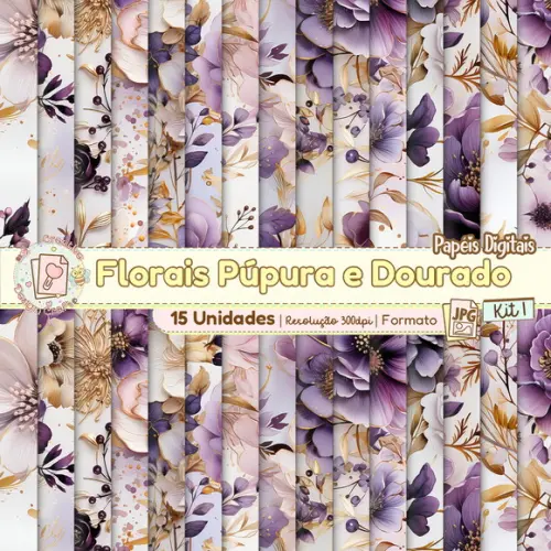 Papéis Digitais Florais Púrpura e Gold Kit 1