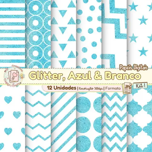 Papéis Digitais Glitter Azul e Branco Kit 1