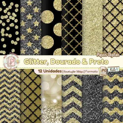 Papéis Digitais Glitter, Dourado e Preto Kit 1