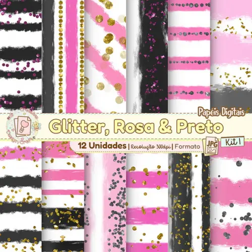 Papéis Digitais Glitter Rosa e Preto Kit 1