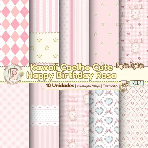 Papéis Digitais Kawaii Coelho Cute Happy Birthday Rosa Kit 1