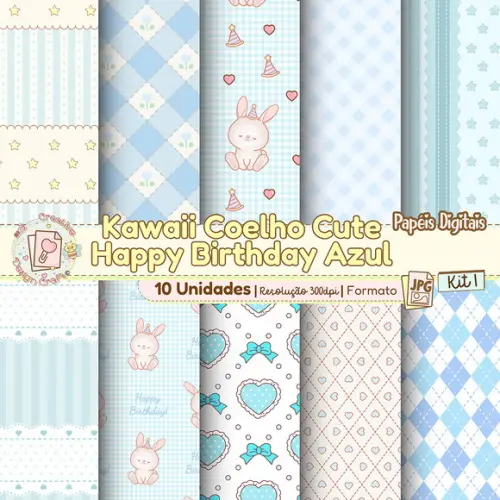 Papéis Digitais Kawaii Coelho Cute Happy Birthday Azul Kit 1
