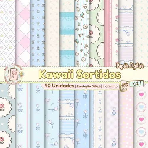 Papéis Digitais Kawaii Sortidos Kit 1
