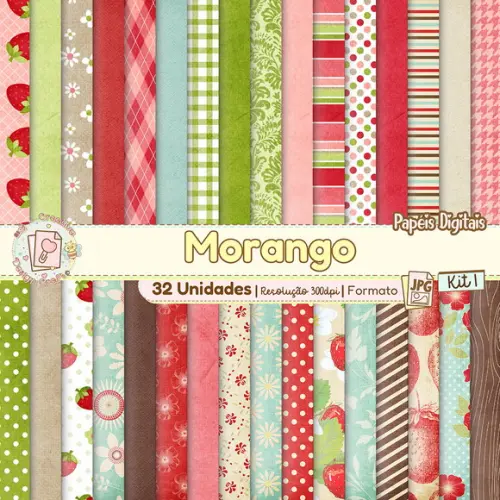 Papéis Digitais Morangos Kit 1