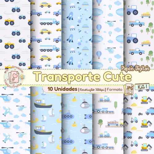 Papéis Digitais Transporte Cute Kit 1