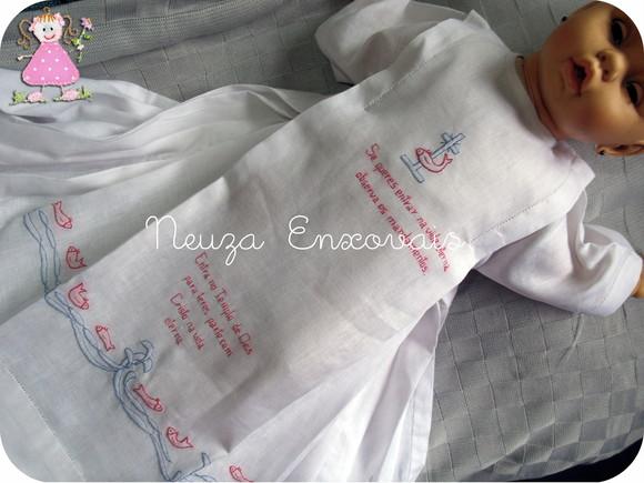 Túnica de Batismo em Linho Peixinho e Mensagens 005 (unisex)