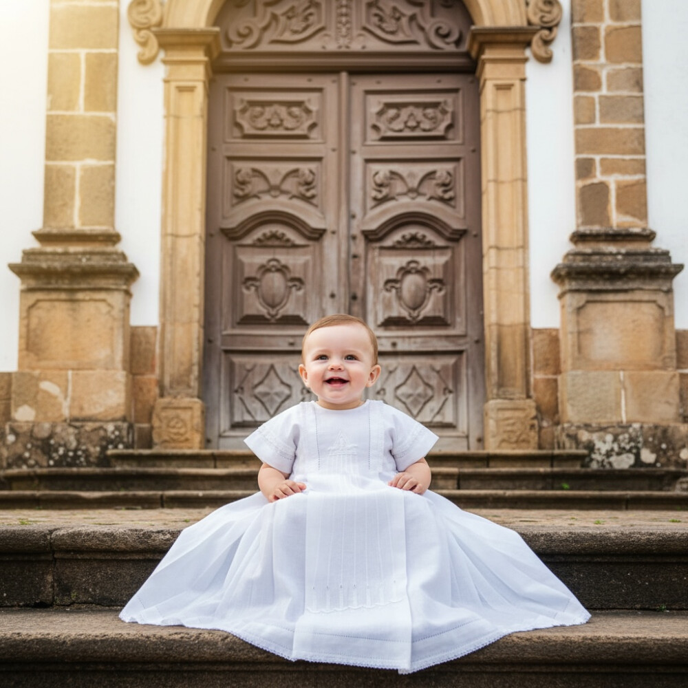 Túnica de Batismo 7dons Bordada em Branco ( Unisex )
