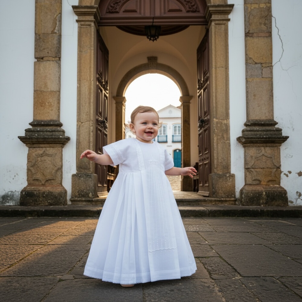 Túnica de Batismo 7dons Bordada em Branco ( Unisex )