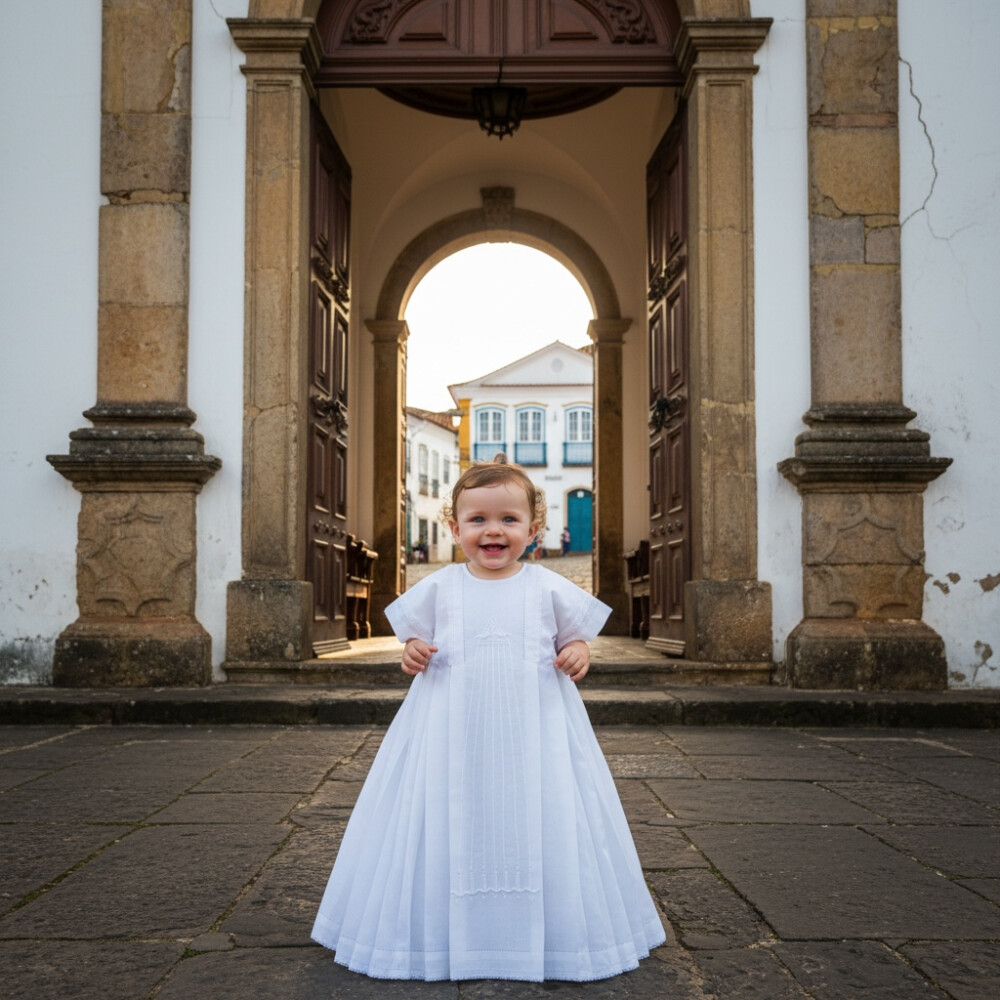 Túnica de Batismo 7dons Bordada em Branco ( Unisex )