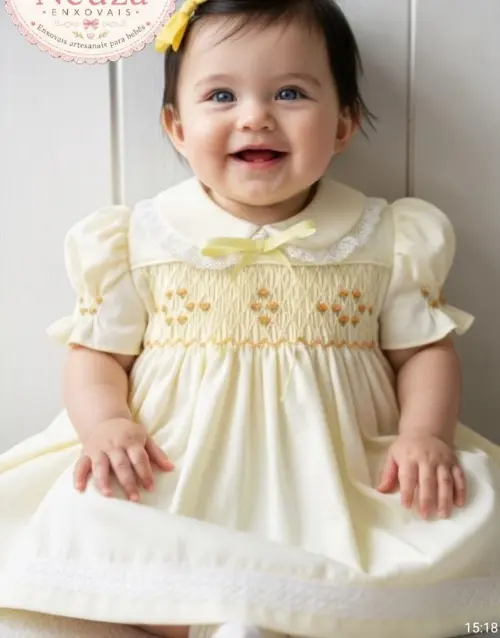 Vestido de Fustão Amarelo Bordado Casinha de Abelha 007