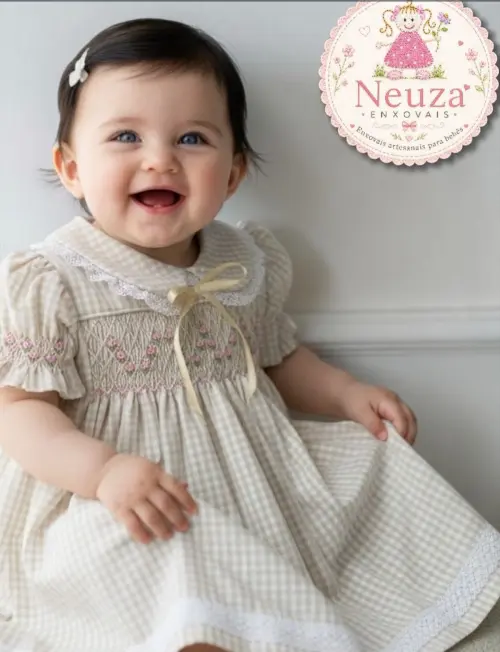 Vestido Xadrez de Nude Casinha de Abelha e Flores 009