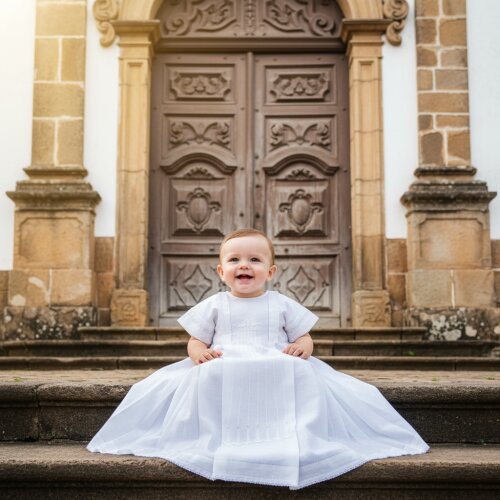 Túnica de Batismo 7dons Bordada em Branco ( Unisex )