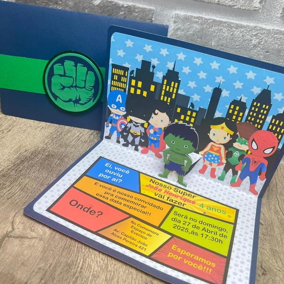 Convite de Aniversário Pop-up Heróis