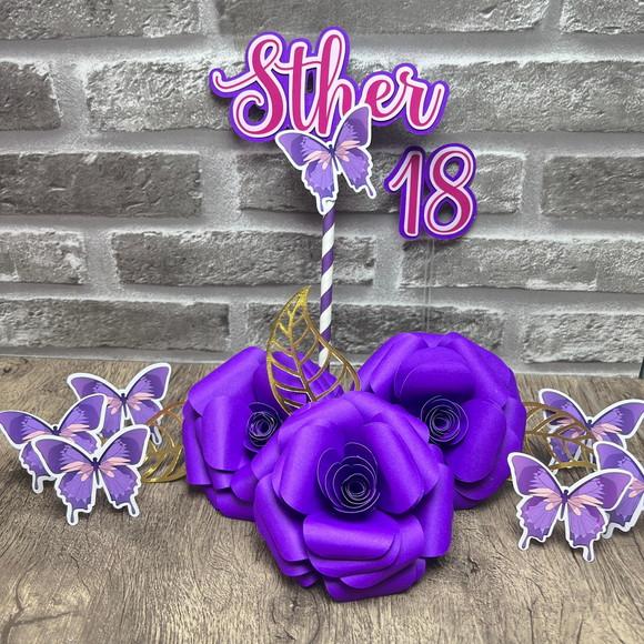 Topo de Bolo Flores e Borboletas Purpple