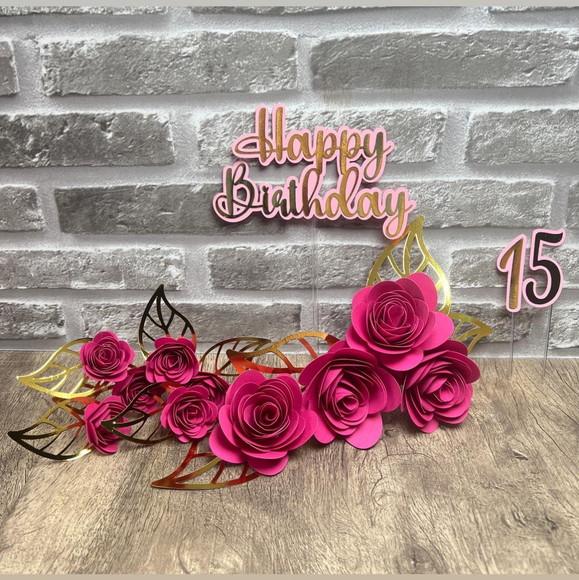 Topo de Bolo Happy Birthday Flores Marsala