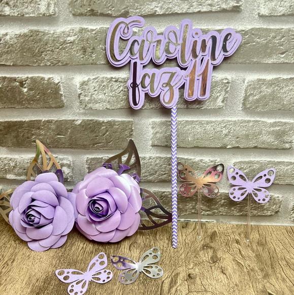 Topo de Bolo Nome Borboletas e Flores Violeta Lilás