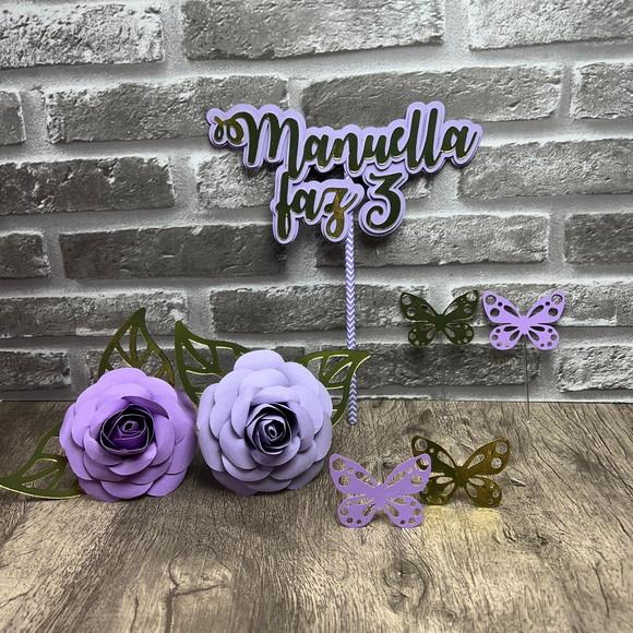 Topo de Bolo Nome Borboletas e Flores Violeta Lilás
